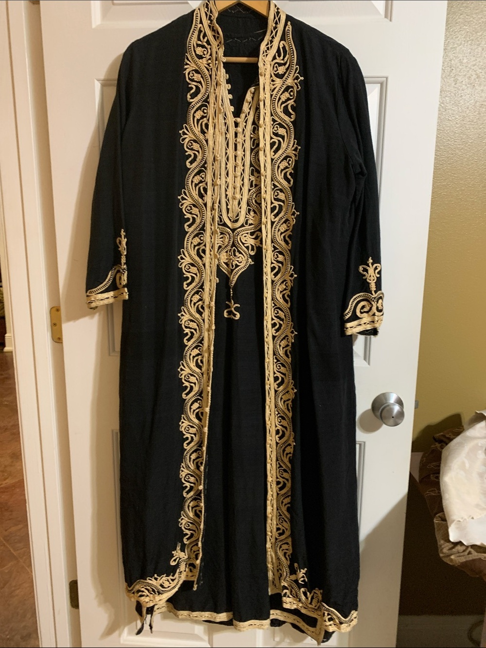 Black Embroidered Long Coat with Gold Trim